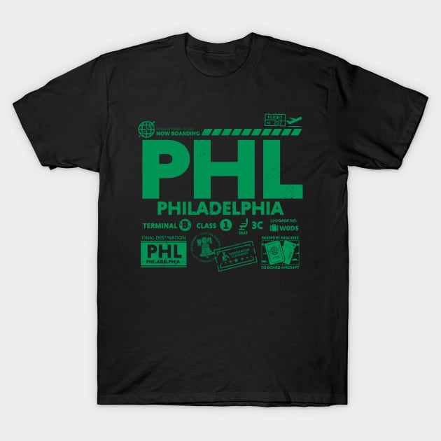 Vintage Philadelphia PHL Airport Code Travel Day Retro Travel Tag T-Shirt by Now Boarding